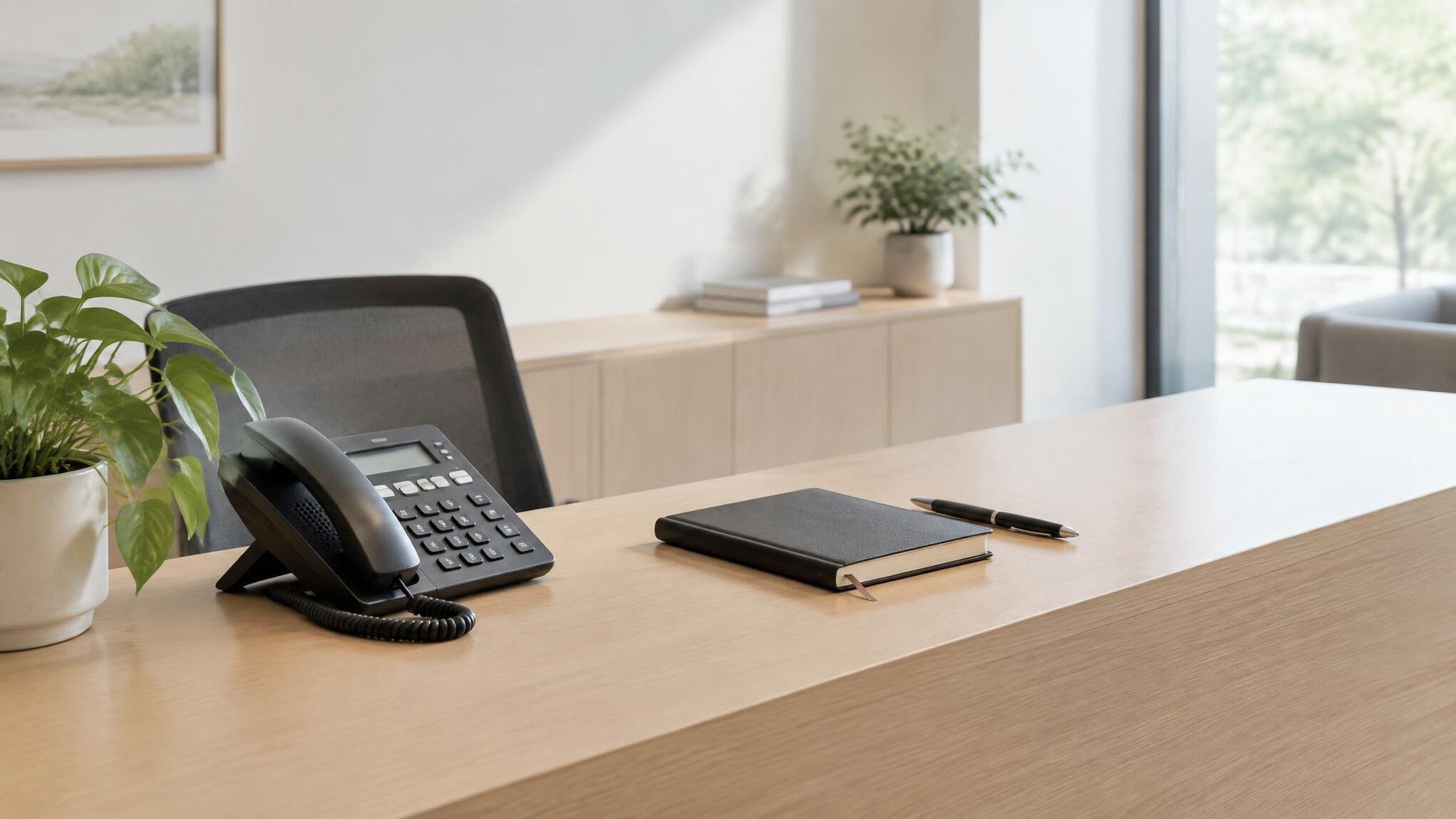 Office reception desk with a telephone and notebook