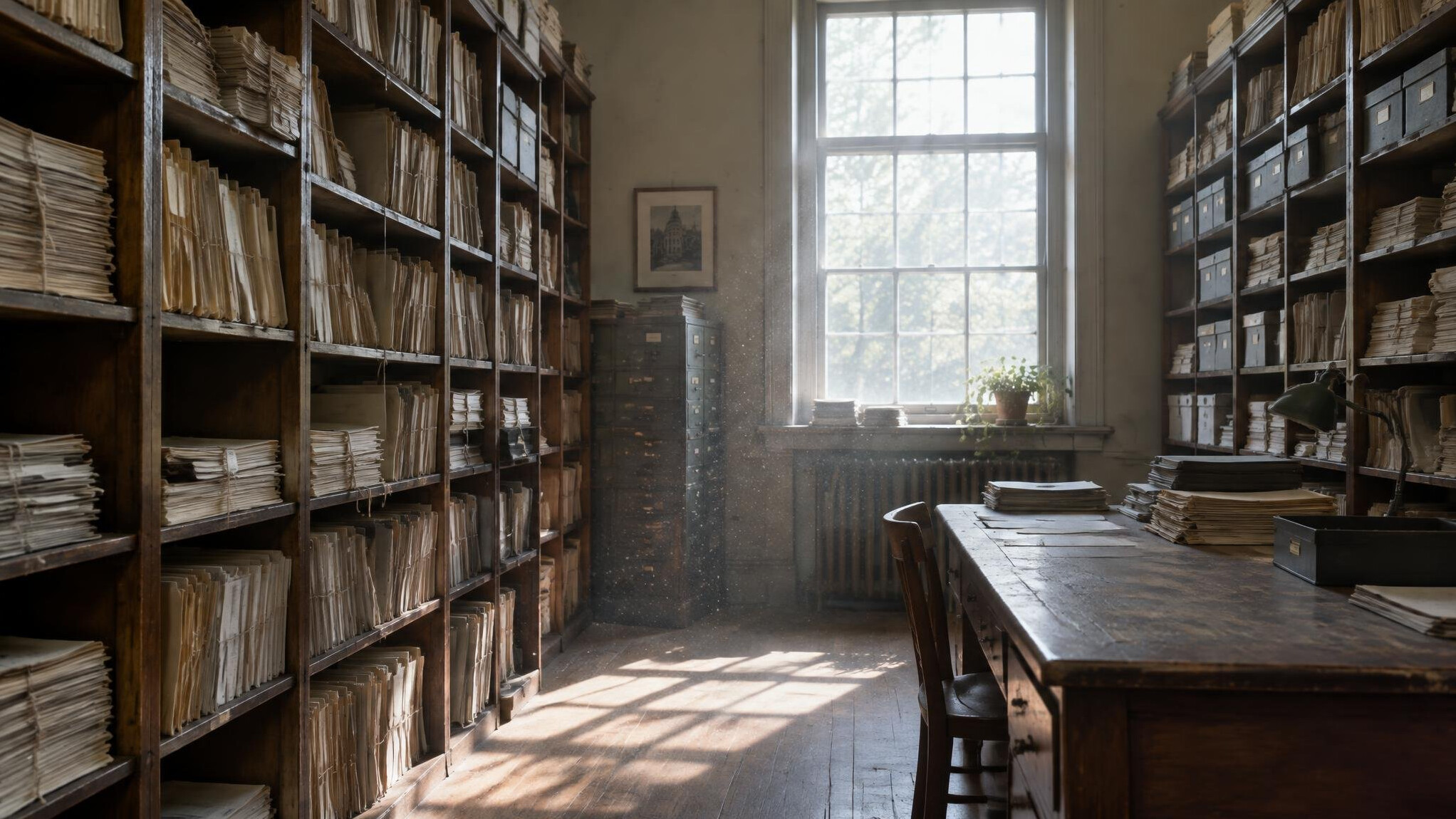 Archive room with rows of shelves full of paper files and records