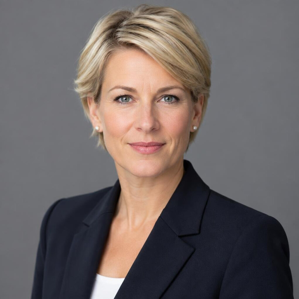 Studio portrait of a Swiss woman journalist with short blonde hair