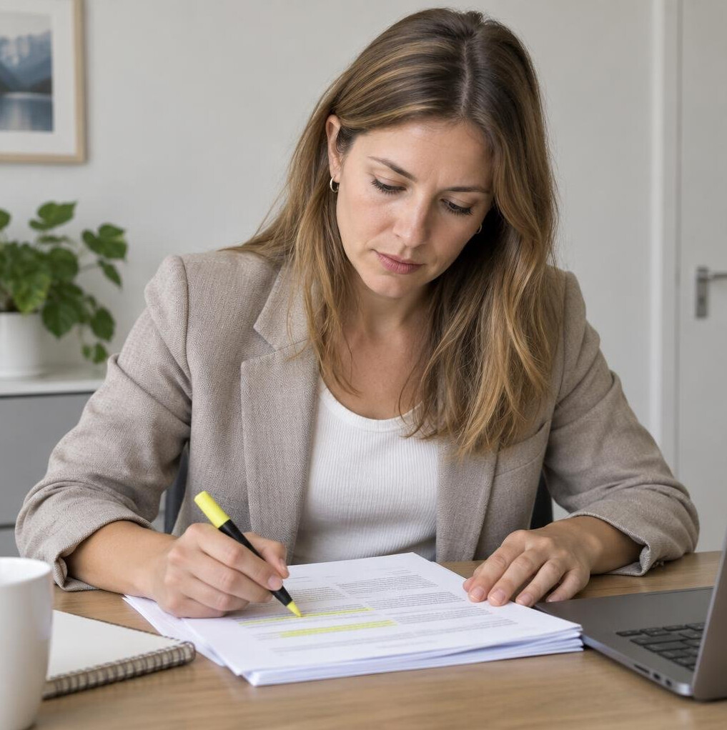 Swiss woman reviewing printed documents at a desk